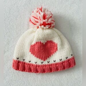 Toddler Girl Winter Beanie 3-4T White Red Knit Heart Pom Hat Snow Outdoor
